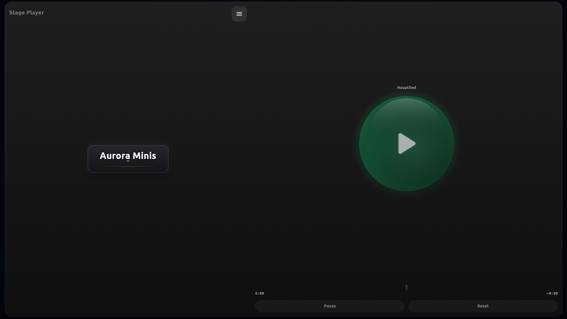 Stage Player mit Teamauswahl und großem Play-Button
